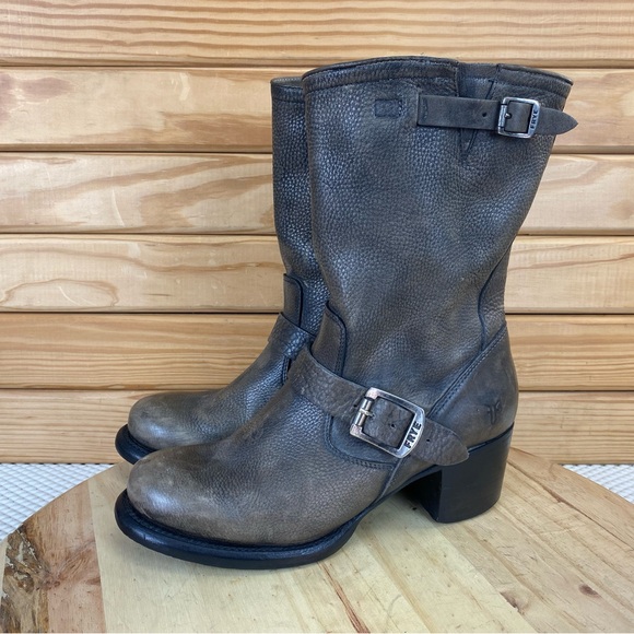 FRYE Womens 8 US Distressed Leather Block Heeled Mid-Calf Boots Western Biker - Picture 8 of 15